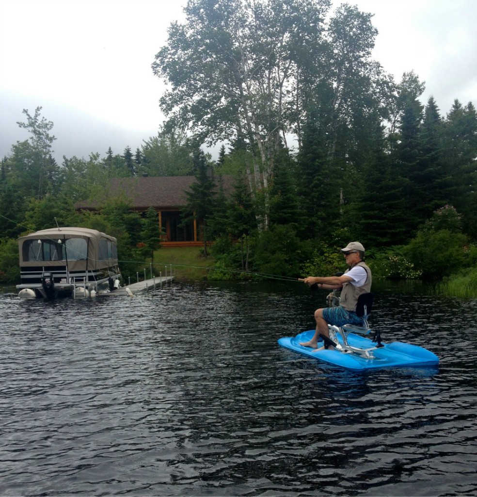 Trout Fishing with a water bike on the lake.